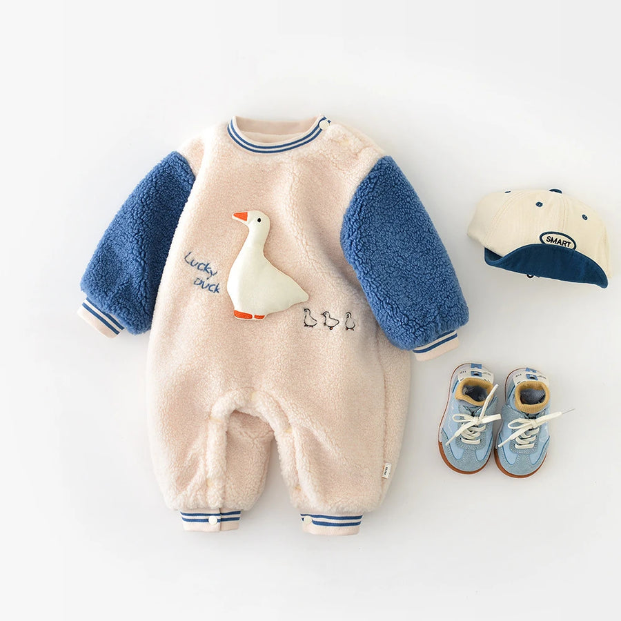 New Winter Baby Rompers 3-24M Cartoon Duck Toddler Girls Thicken Jumpsuit Cute Color Blocking Loose Infant One Piece