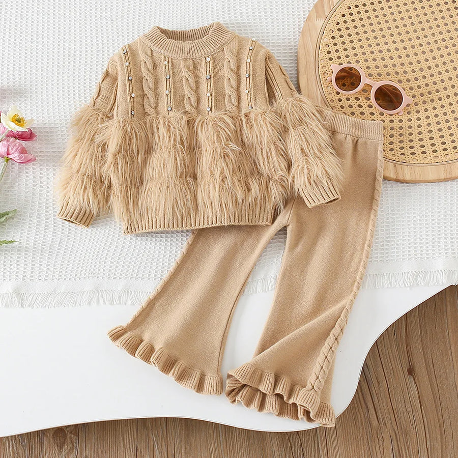 Girls' Sweater Set Korean Fashion Knitwear Autumn and Winter New Collection Solid Color Children'S Two Piece Set