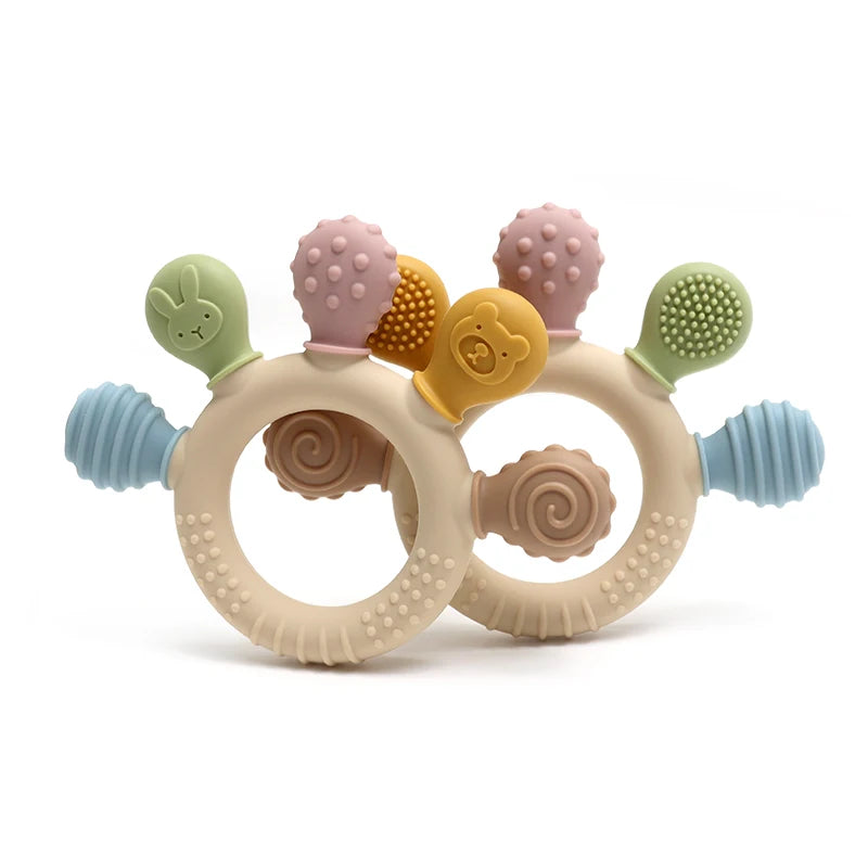 New Hand Multicolor Silicone Baby Ring Teether Anxiety Teething Toys 0-12 Months Chew Beads Sensory Gum Relief Soother Baby