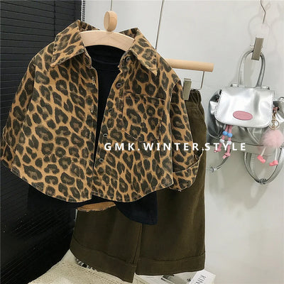 Girls' Leopard Print Retro Shirt Jacket Autumn Style American Children'S Loose Cardigan Shirt Baby Casual Pants
