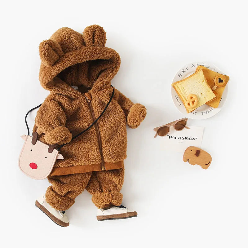 New Winter Kids Clothes Set 9M-5T Cute Bear Thicken Girls Hoodie+ Sweatpants Solid Color Children Outfit 2PCS