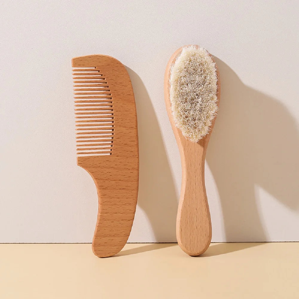 2PCS Newborn Wool Baby Wooden Brush Comb Newborn Hair Brush Infant Head Massager Portable Comb Hair Bath Brush Comb