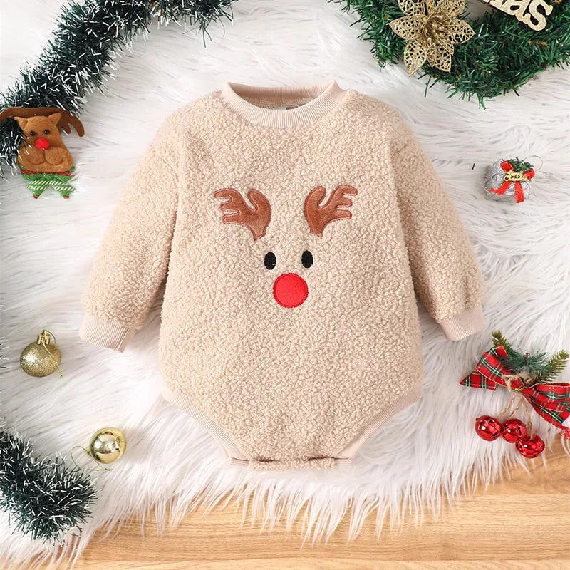 New Winter Baby Bodysuit Christmas Day Toddler Girls Cute Elk Jumpsuit Infant Fleece Lining Outwear One Piece