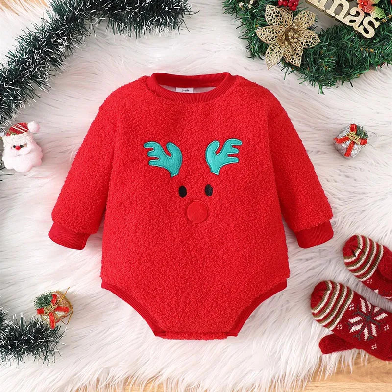 New Winter Baby Bodysuit Christmas Day Toddler Girls Cute Elk Jumpsuit Infant Fleece Lining Outwear One Piece