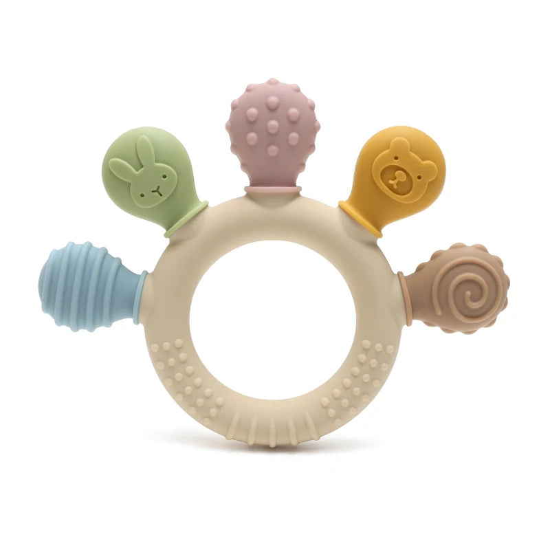 New Hand Multicolor Silicone Baby Ring Teether Anxiety Teething Toys 0-12 Months Chew Beads Sensory Gum Relief Soother Baby