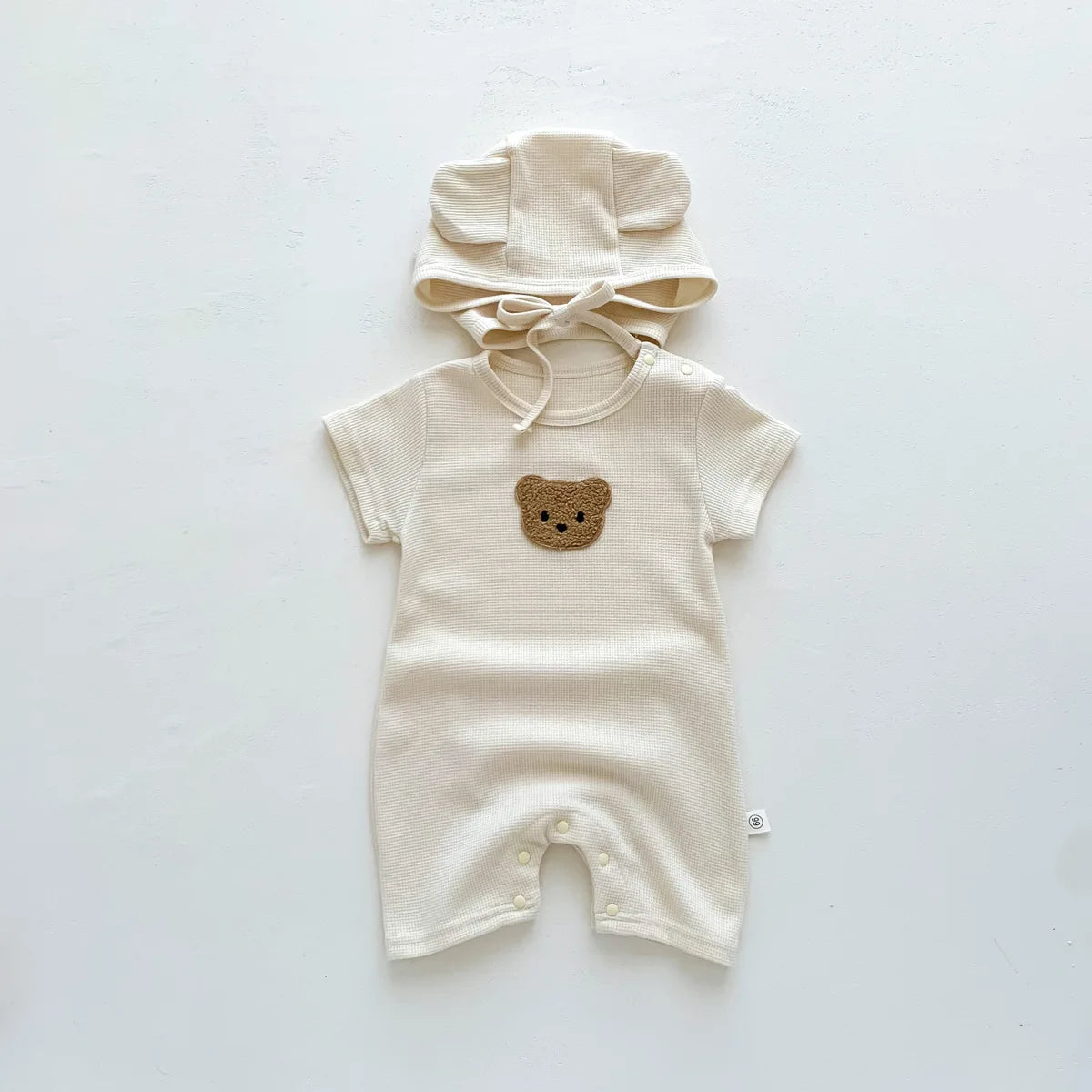 New in Summer Kids Baby Girls Boys Short Sleeve Waffle Patch Bear Infant Newborn Jumpsuits Cotton Romper Gift Hat with Ear