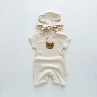 New in Summer Kids Baby Girls Boys Short Sleeve Waffle Patch Bear Infant Newborn Jumpsuits Cotton Romper Gift Hat with Ear