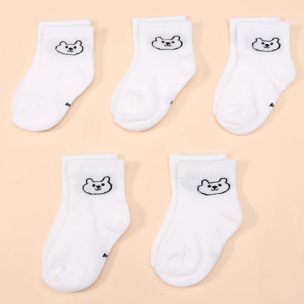 5Pairs Baby Socks Infant Cartoon Solid Color Soft and Comfortable White Mid-Calf Socks for Daily Life