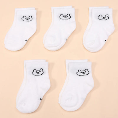 5Pairs Baby Socks Infant Cartoon Solid Color Soft and Comfortable White Mid-Calf Socks for Daily Life