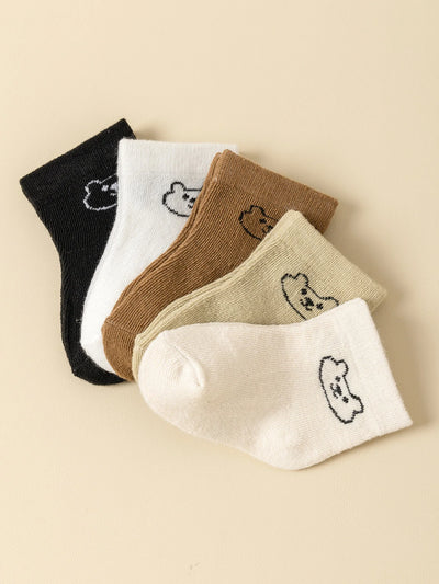 5Pairs Baby Socks Infant Cartoon Solid Color Soft and Comfortable White Mid-Calf Socks for Daily Life