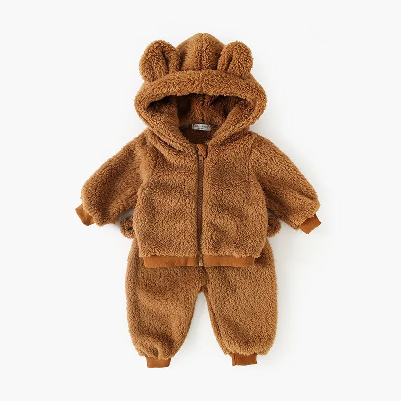 New Winter Kids Clothes Set 9M-5T Cute Bear Thicken Girls Hoodie+ Sweatpants Solid Color Children Outfit 2PCS