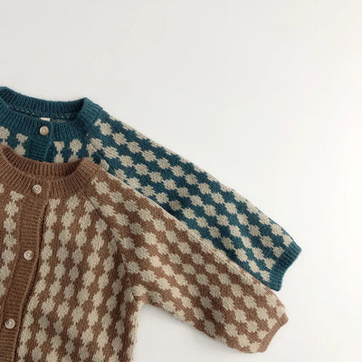 New Kids Sweaters Korean Style Plaid Boys Knit Cardigans Girls Knitwear