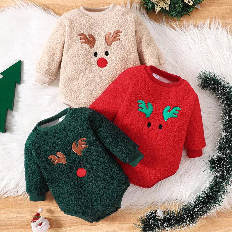 New Winter Baby Bodysuit Christmas Day Toddler Girls Cute Elk Jumpsuit Infant Fleece Lining Outwear One Piece