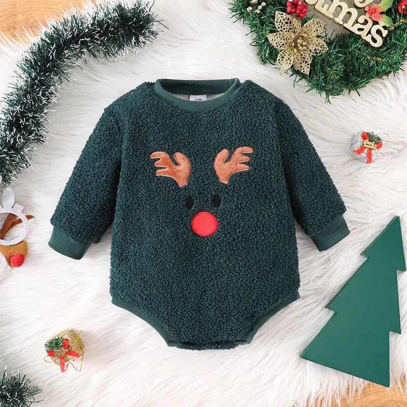 New Winter Baby Bodysuit Christmas Day Toddler Girls Cute Elk Jumpsuit Infant Fleece Lining Outwear One Piece
