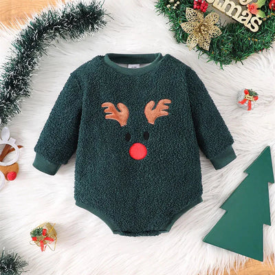 New Winter Baby Bodysuit Christmas Day Toddler Girls Cute Elk Jumpsuit Infant Fleece Lining Outwear One Piece