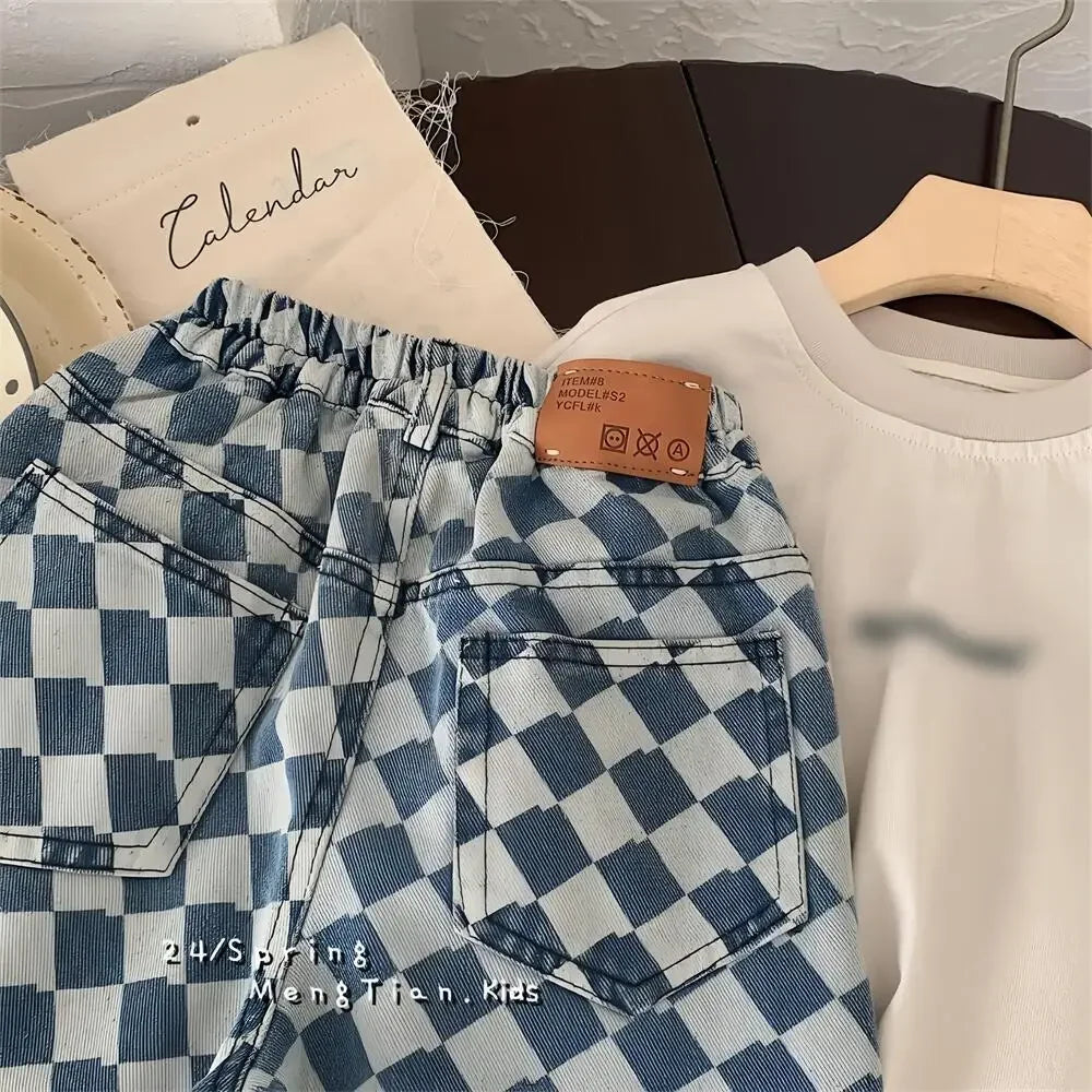 2-7 Y Kids Pants Plaid Boys Trousers Denim Kids Pants Casual Boys Jeans Fashion Kids Full Length Pants