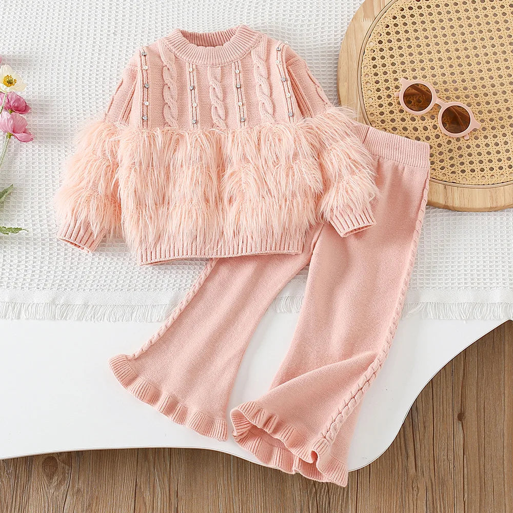 Girls' Sweater Set Korean Fashion Knitwear Autumn and Winter New Collection Solid Color Children'S Two Piece Set