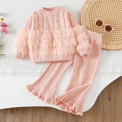 Girls' Sweater Set Korean Fashion Knitwear Autumn and Winter New Collection Solid Color Children'S Two Piece Set