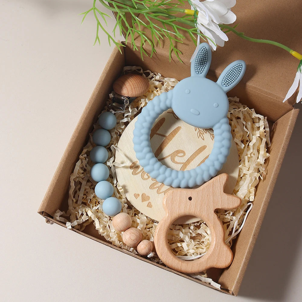 New Born Baby Gift Set Silicone Bunny Teether Wooden Bunny Rattle Photography Props