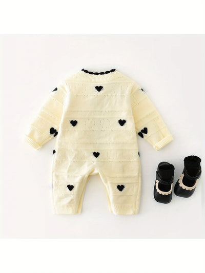Spring and Autum Korean Style New Girls' Heart Long-Sleeved Jumpsuit Newborn Single-Breasted Cover-Up Crawling Suit Jumpsuit