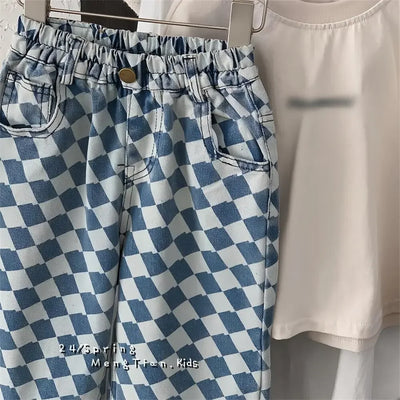 2-7 Y Kids Pants Plaid Boys Trousers Denim Kids Pants Casual Boys Jeans Fashion Kids Full Length Pants