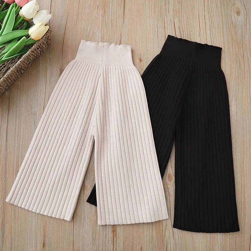 New Autumn Kids Knitted Wide Leg Pants 2-6T Girls Cute Weave Casual Pants Children Simplicity Trousers