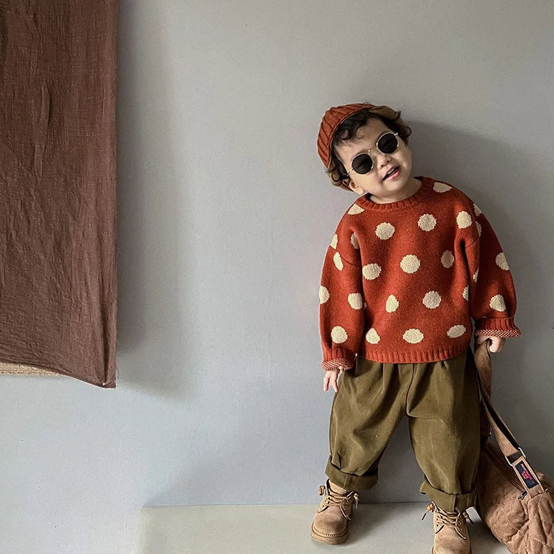 Autumn Winter Vintage Look Kids Boys Sweaters Polka Dot Girls Knitwear Outwear Boys Pullover for 1-6Y