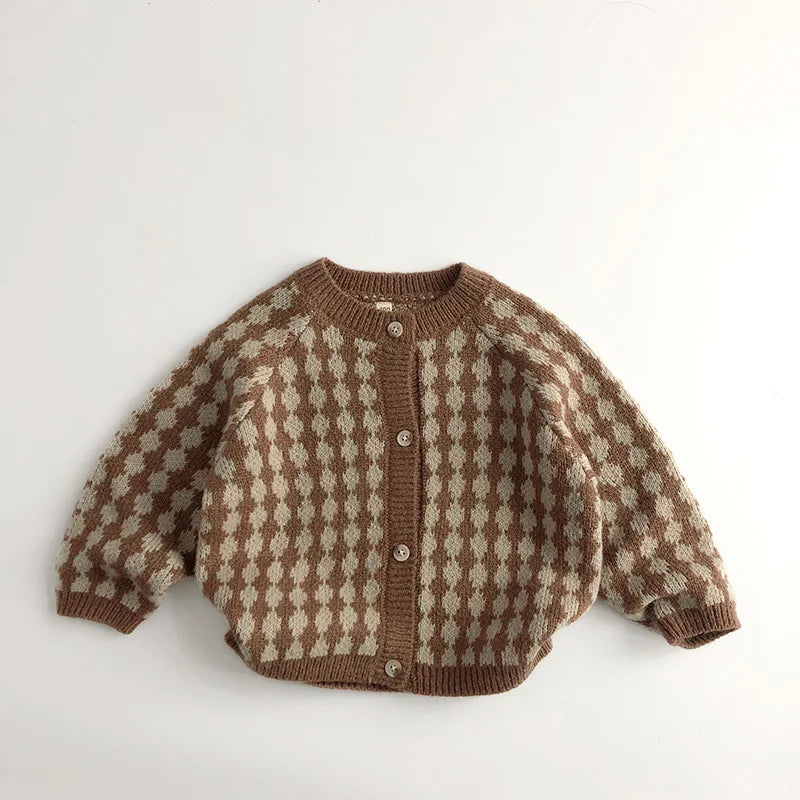 New Kids Sweaters Korean Style Plaid Boys Knit Cardigans Girls Knitwear