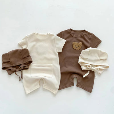 New in Summer Kids Baby Girls Boys Short Sleeve Waffle Patch Bear Infant Newborn Jumpsuits Cotton Romper Gift Hat with Ear