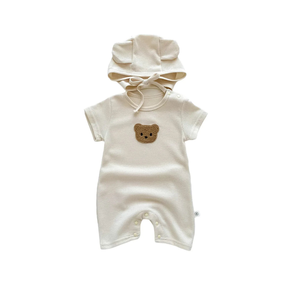 New in Summer Kids Baby Girls Boys Short Sleeve Waffle Patch Bear Infant Newborn Jumpsuits Cotton Romper Gift Hat with Ear