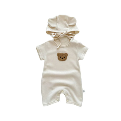 New in Summer Kids Baby Girls Boys Short Sleeve Waffle Patch Bear Infant Newborn Jumpsuits Cotton Romper Gift Hat with Ear