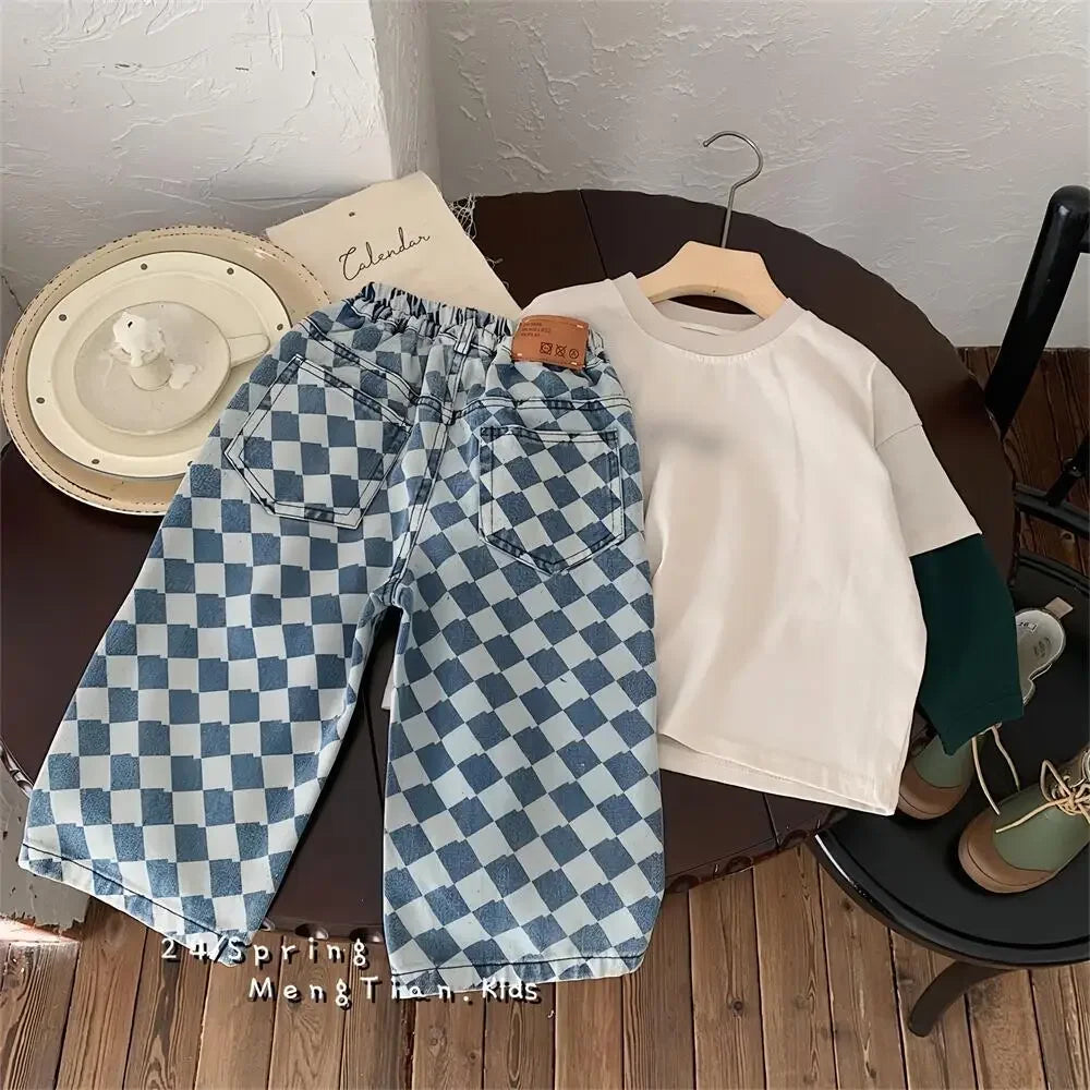 2-7 Y Kids Pants Plaid Boys Trousers Denim Kids Pants Casual Boys Jeans Fashion Kids Full Length Pants