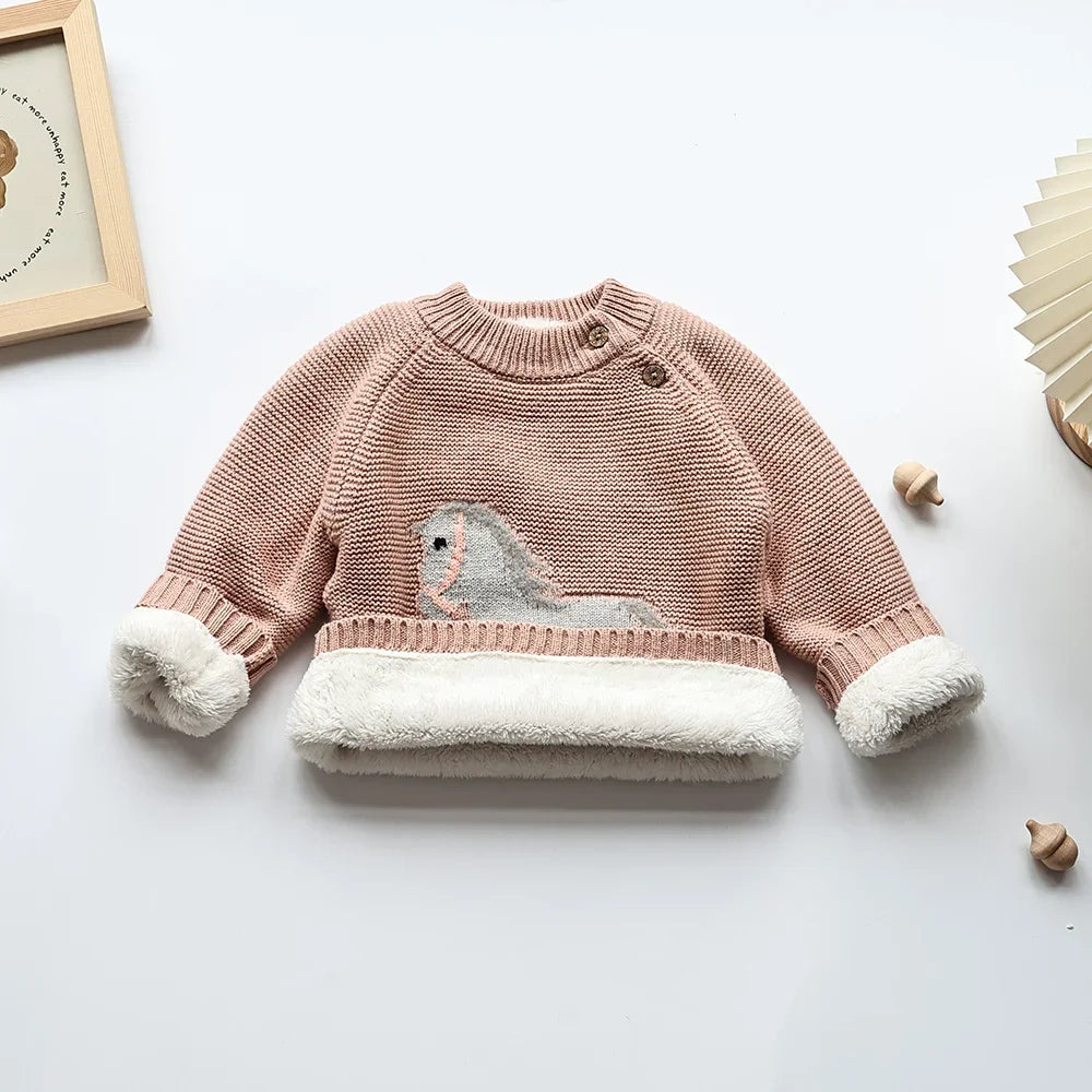 Winter New Cartoon Kids Baby Sweaters Fur Lining Kids Knitwear Fleece Boys Pullover Coat