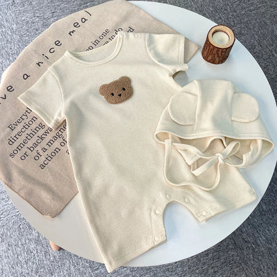 New in Summer Kids Baby Girls Boys Short Sleeve Waffle Patch Bear Infant Newborn Jumpsuits Cotton Romper Gift Hat with Ear