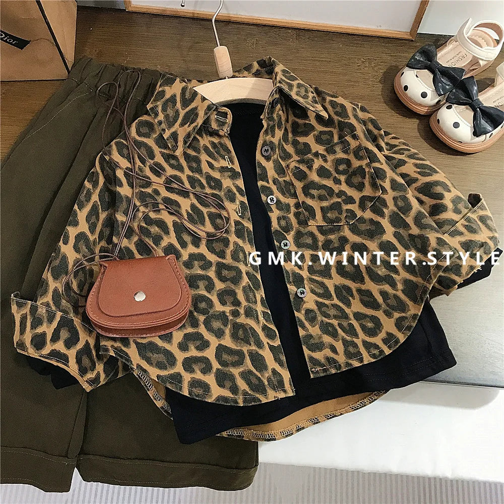 Girls' Leopard Print Retro Shirt Jacket Autumn Style American Children'S Loose Cardigan Shirt Baby Casual Pants