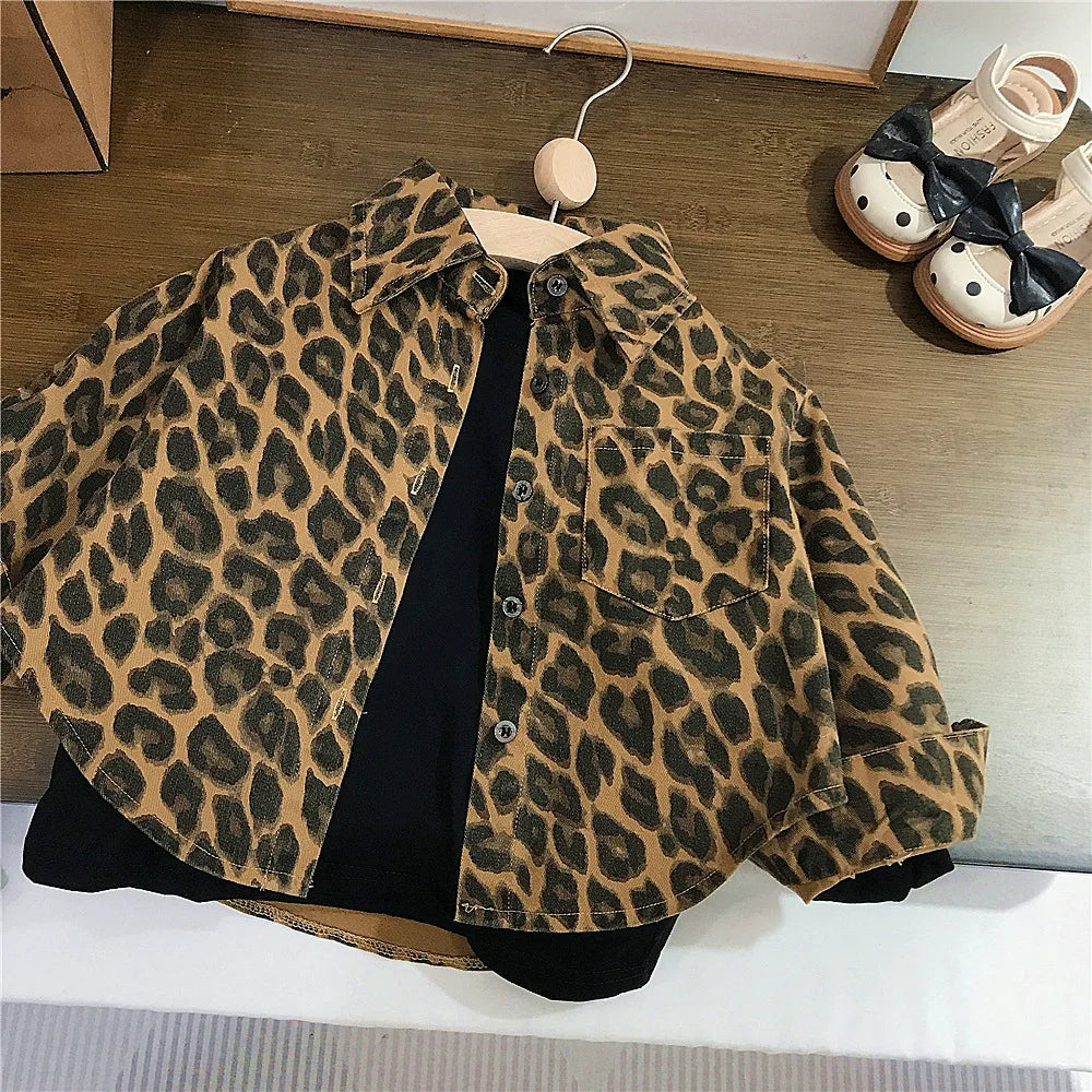 Girls' Leopard Print Retro Shirt Jacket Autumn Style American Children'S Loose Cardigan Shirt Baby Casual Pants