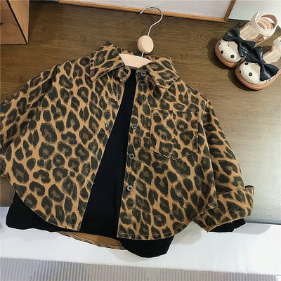 Girls' Leopard Print Retro Shirt Jacket Autumn Style American Children'S Loose Cardigan Shirt Baby Casual Pants