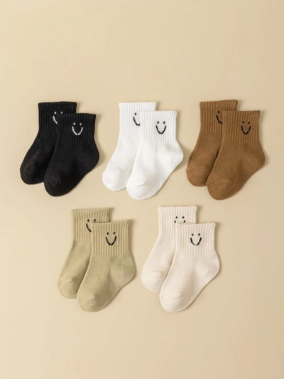 5Pairs Baby Socks Infant Cartoon Solid Color Soft and Comfortable White Mid-Calf Socks for Daily Life