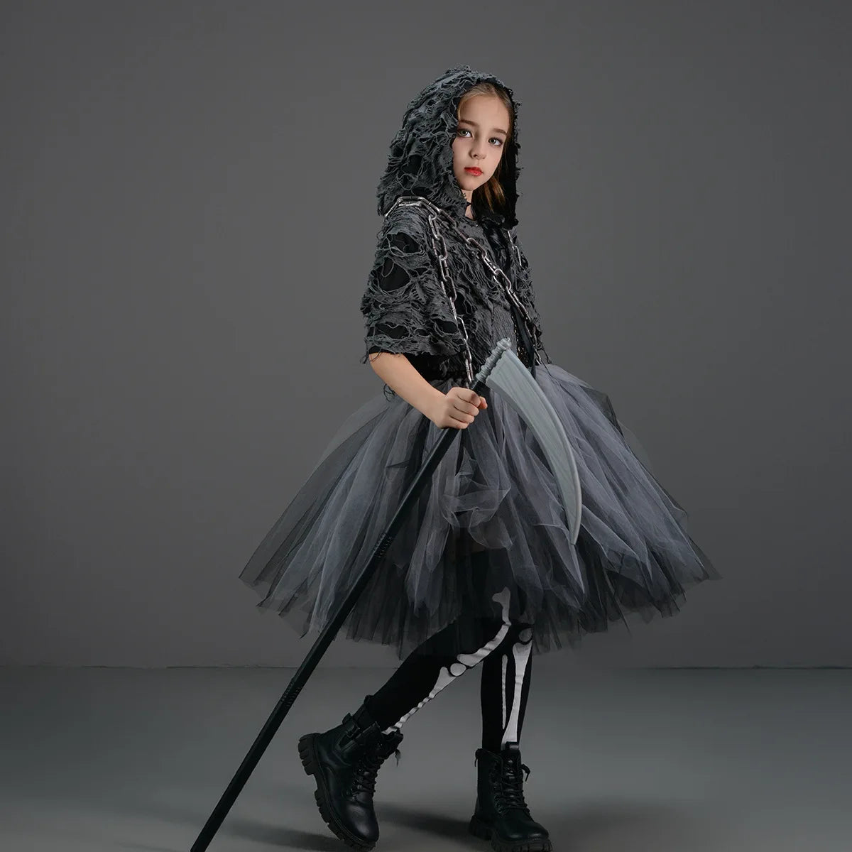 Halloween Death Dress up Costume with Hoodies Girls Evil Role Playing Tulle Tutu Kids Carnival Party Fancy Sickle Chain Clothes