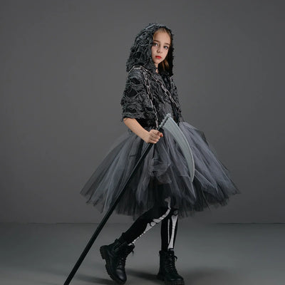 Halloween Death Dress up Costume with Hoodies Girls Evil Role Playing Tulle Tutu Kids Carnival Party Fancy Sickle Chain Clothes