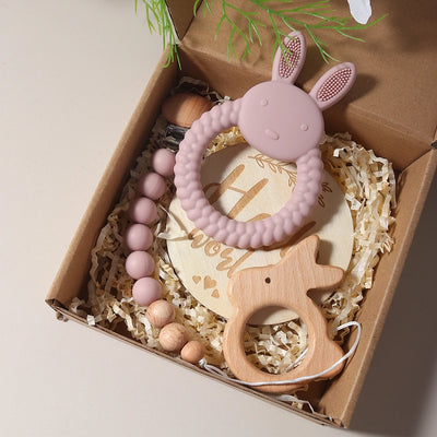 New Born Baby Gift Set Silicone Bunny Teether Wooden Bunny Rattle Photography Props