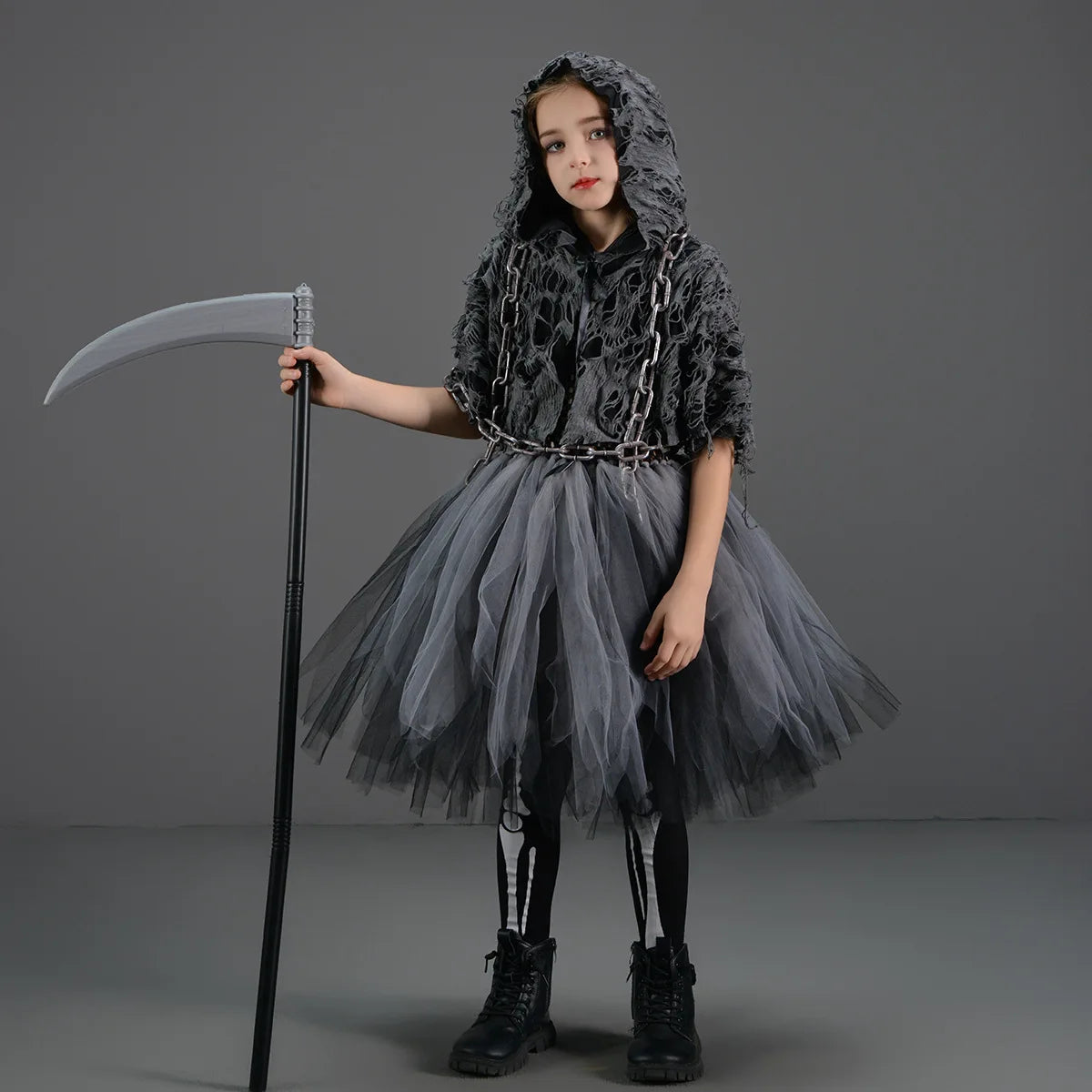 Halloween Death Dress up Costume with Hoodies Girls Evil Role Playing Tulle Tutu Kids Carnival Party Fancy Sickle Chain Clothes