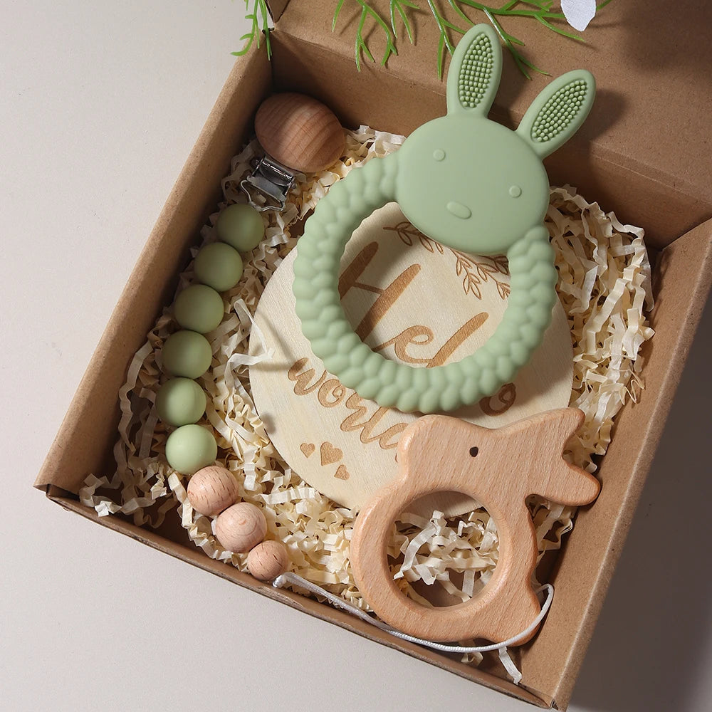 New Born Baby Gift Set Silicone Bunny Teether Wooden Bunny Rattle Photography Props