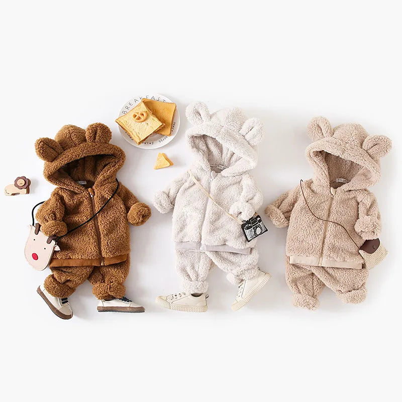 New Winter Kids Clothes Set 9M-5T Cute Bear Thicken Girls Hoodie+ Sweatpants Solid Color Children Outfit 2PCS