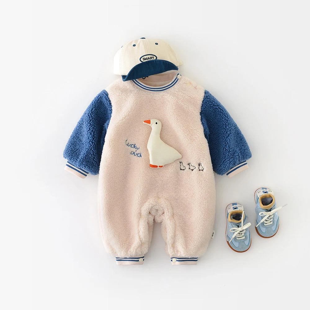 New Winter Baby Rompers 3-24M Cartoon Duck Toddler Girls Thicken Jumpsuit Cute Color Blocking Loose Infant One Piece