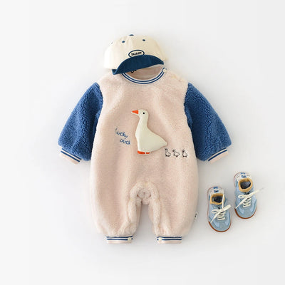 New Winter Baby Rompers 3-24M Cartoon Duck Toddler Girls Thicken Jumpsuit Cute Color Blocking Loose Infant One Piece