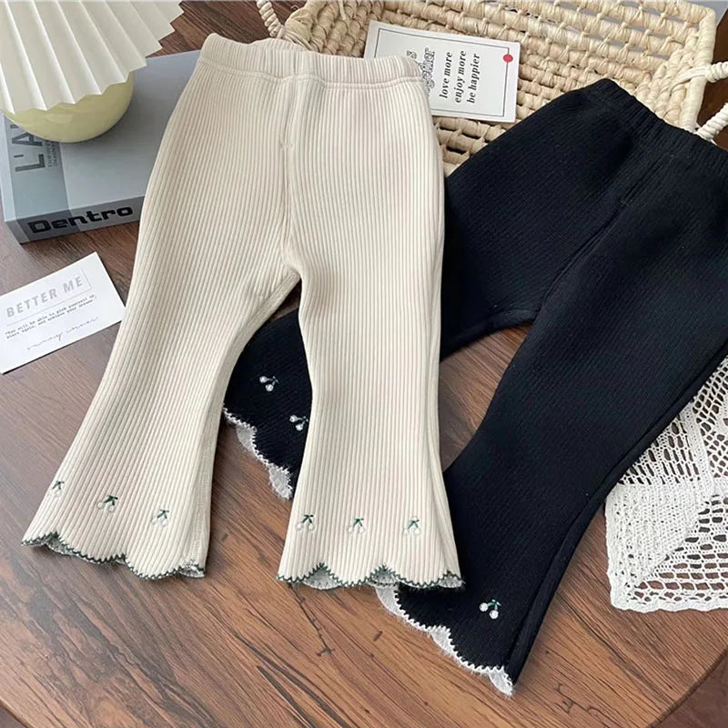 New Winter Kids Leggings Children Cute Embroidered Cherry Render Pants Kids Pit Strip Fleece Padded Bell-Bottoms