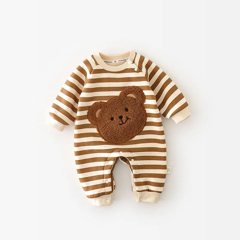 Thicken Lining Infant Baby Boys Clothes Rompers Bear Pattern Striped Girls One Piece Outwear Outfit