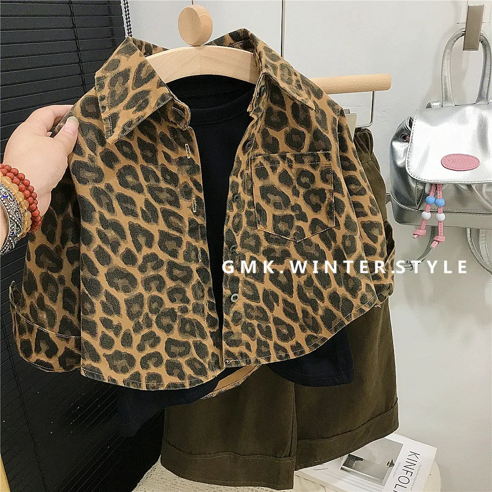 Girls' Leopard Print Retro Shirt Jacket Autumn Style American Children'S Loose Cardigan Shirt Baby Casual Pants