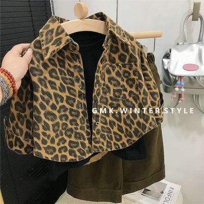 Girls' Leopard Print Retro Shirt Jacket Autumn Style American Children'S Loose Cardigan Shirt Baby Casual Pants